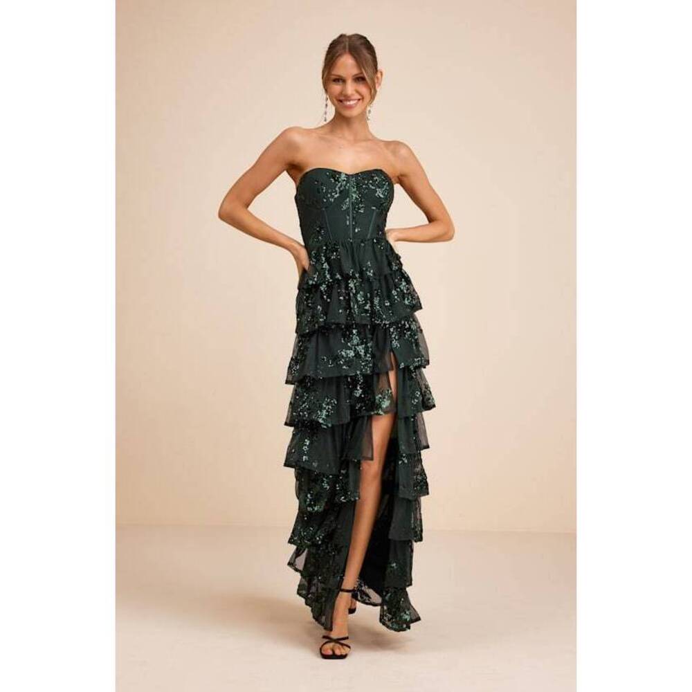 Lulus Definite Glamour Emerald Sequin Strapless Bustier Maxi Dress Green